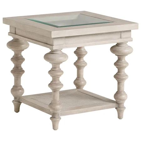 Castlerock Square Glass Top End Table with Woven Cane Shelf